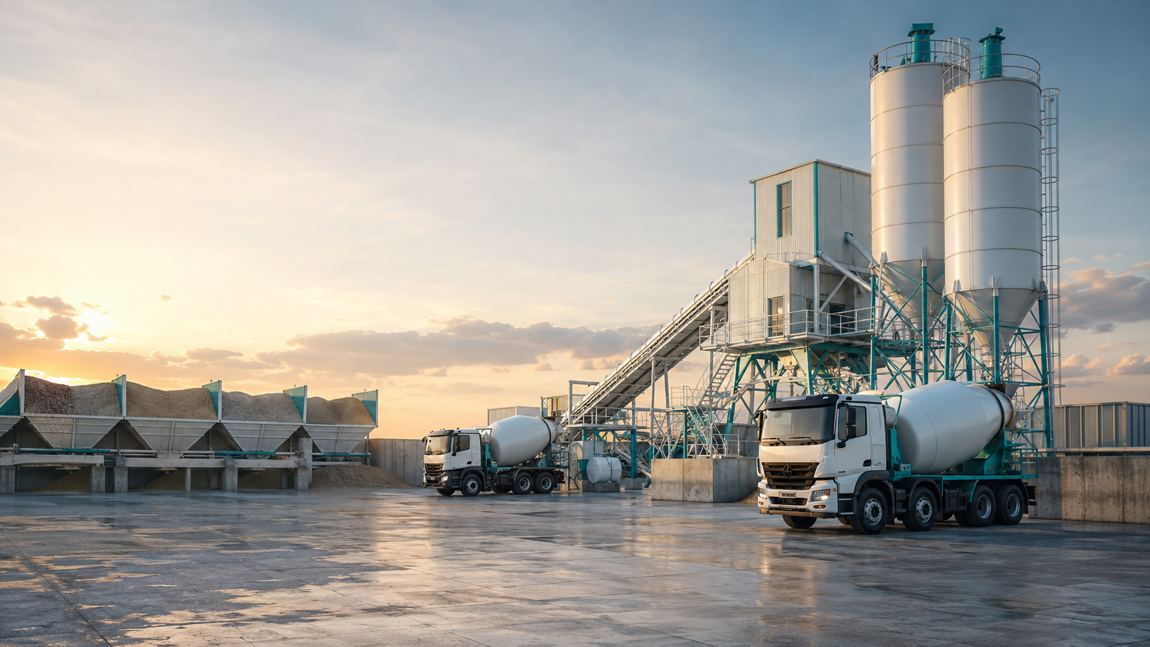 Planta de concreto moderna con silos blancos y camiones mezcladores