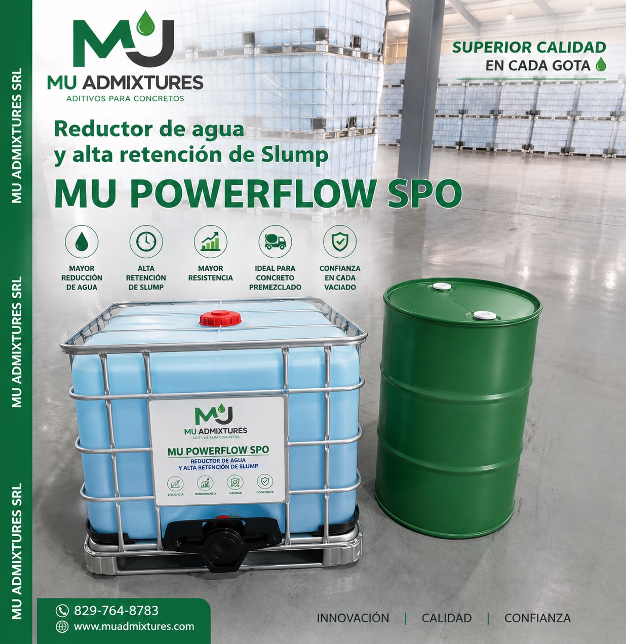 MU PowerFlow SPO en IBC y tambor para concreto premezclado